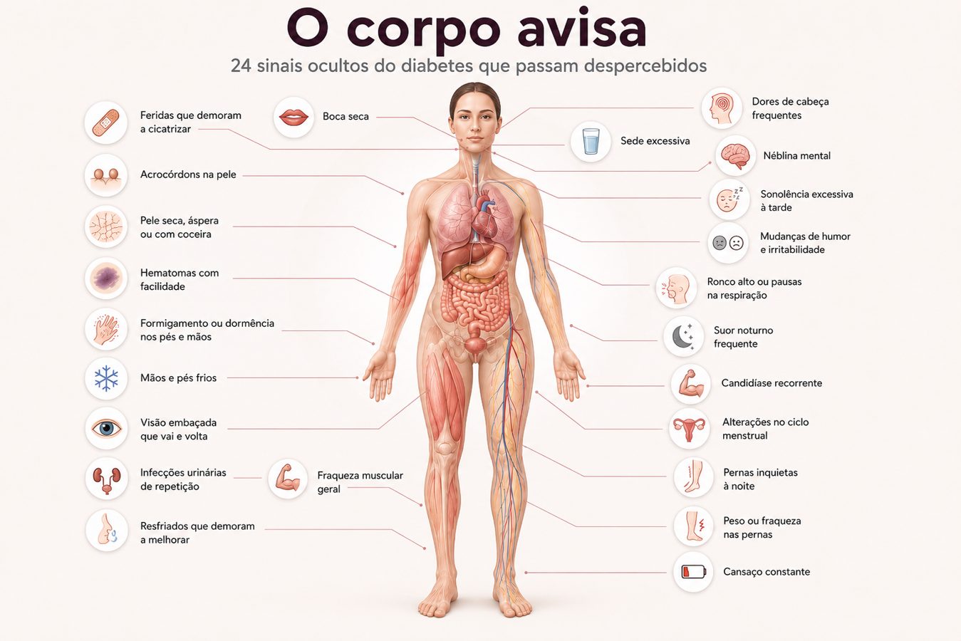 Ilustração do corpo humano destacando sinais ocultos de diabetes tipo 2 em diferentes regiões